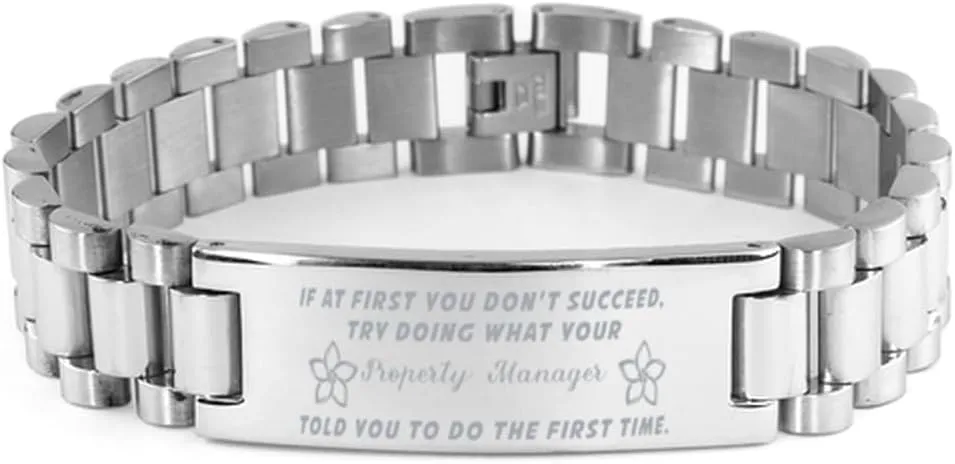 Property Manager Bracelet, If at first you don't succeed, try doing what your athletic trainer told you to do the first time., Stainless Steel Courage Inspirational Wristband, Ladder Style