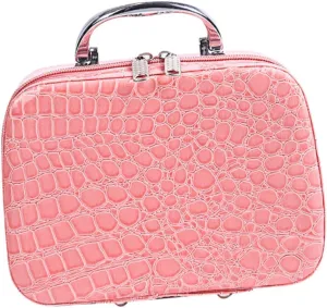 PU Cosmetic Makeup Pouch Travel Bag Portable Tote Bag with Mirror Lightweight and Scratch Resistant Capacity Organizer for Women Pink
