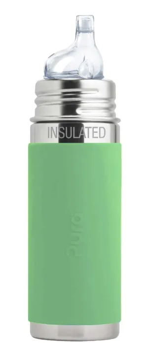Pura Kiki 9oz/260ml Stainless Steel Insulated Sippy Bottle w/Sleeve, Plastic-Free, MadeSafe Certified, Medical-Grade Silicone Sipper Spout Fast Flow Rate for Kids, Toddlers, Babies & Infant – Moss