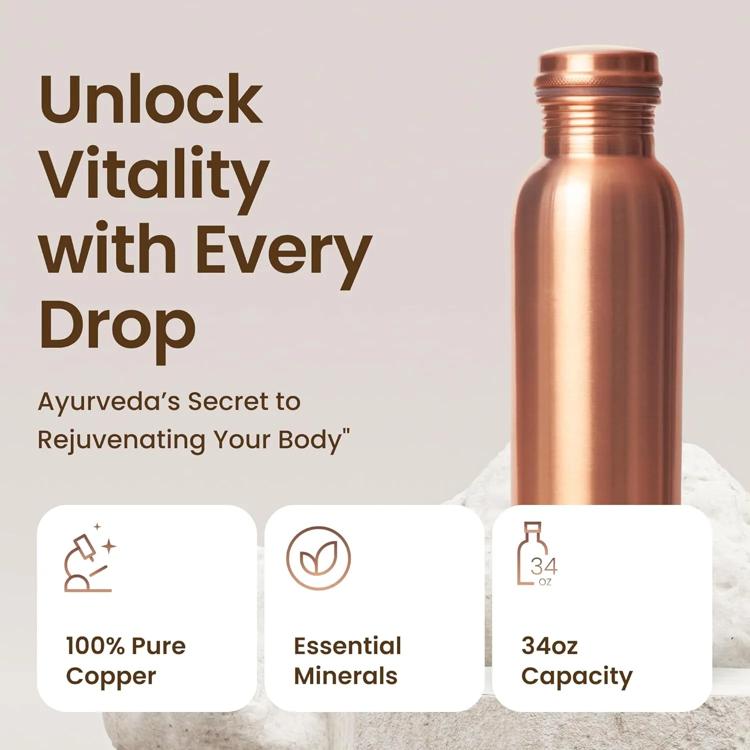 Pure Copper Water Bottle for Drinking Water, 34 Oz Smooth Finish – Stay Hydrated and Enjoy Ayurvedic Benefits – Leak-Proof, Temperature Retention, Eco-Friendly Design – Durable Copper Bottle