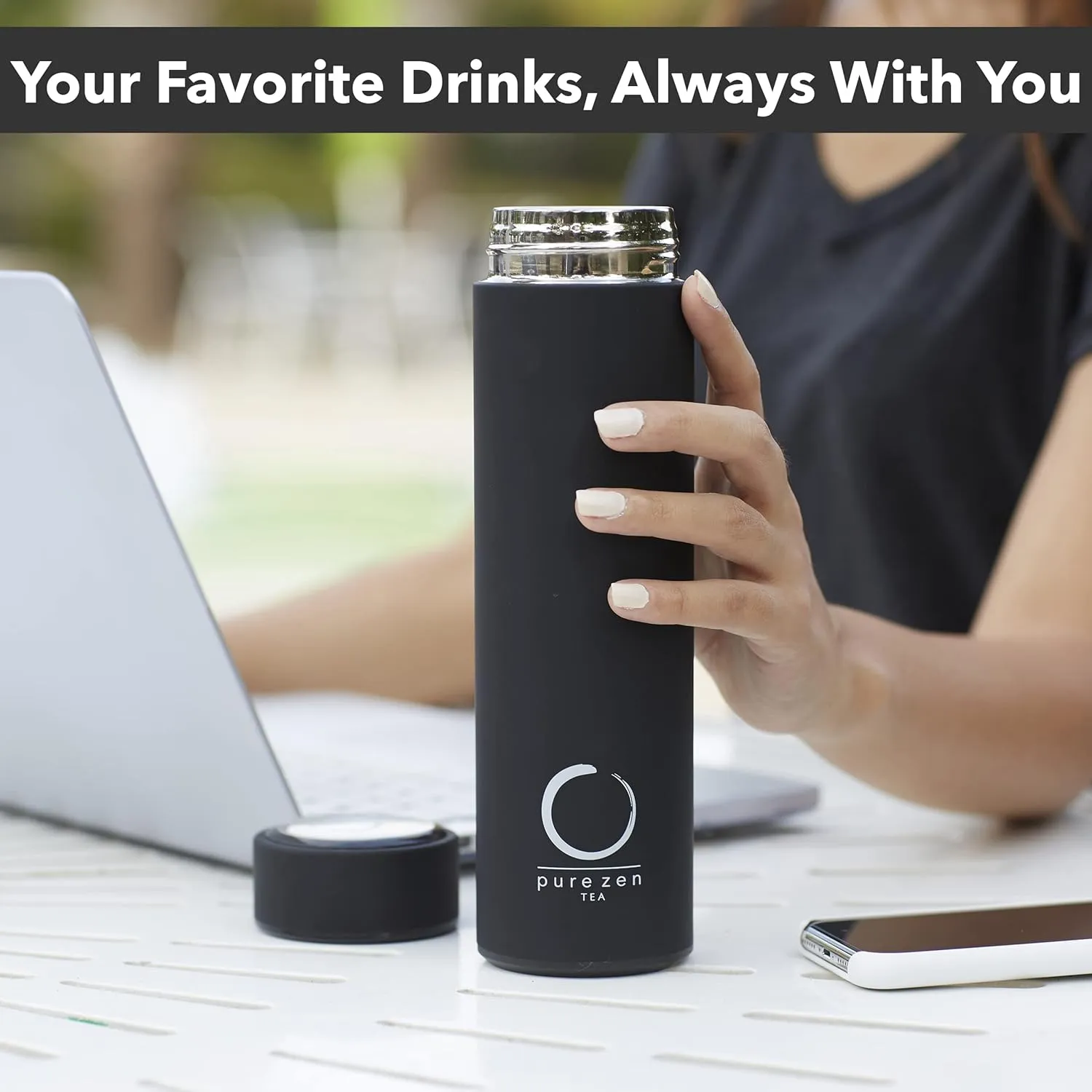 Pure Zen Tea Thermos with Infuser for Hot and Cold Infusions, Coffee and Fruit-Infused Water - Stainless Steel - Tea Infuser Bottle - Leakproof Travel Mug with Filter - 15oz - Black