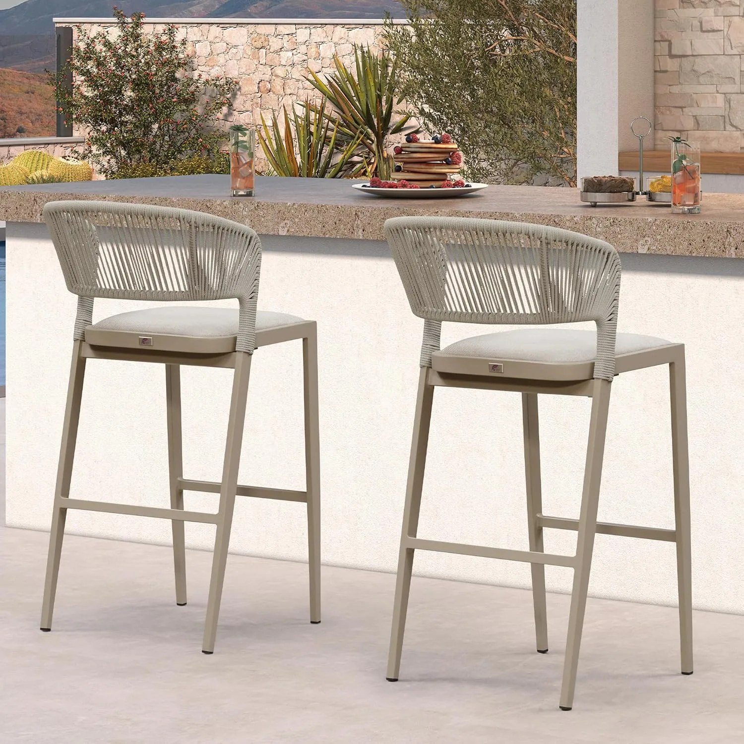 PURPLE LEAF Bar Stool Set of 2 Outdoor Bar Chairs with Backrest Bar Height Stools Rattan Stool Wicker Champagne Barstools