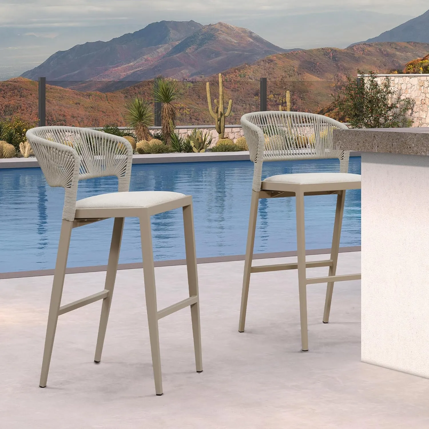 PURPLE LEAF Bar Stool Set of 2 Outdoor Bar Chairs with Backrest Bar Height Stools Rattan Stool Wicker Champagne Barstools