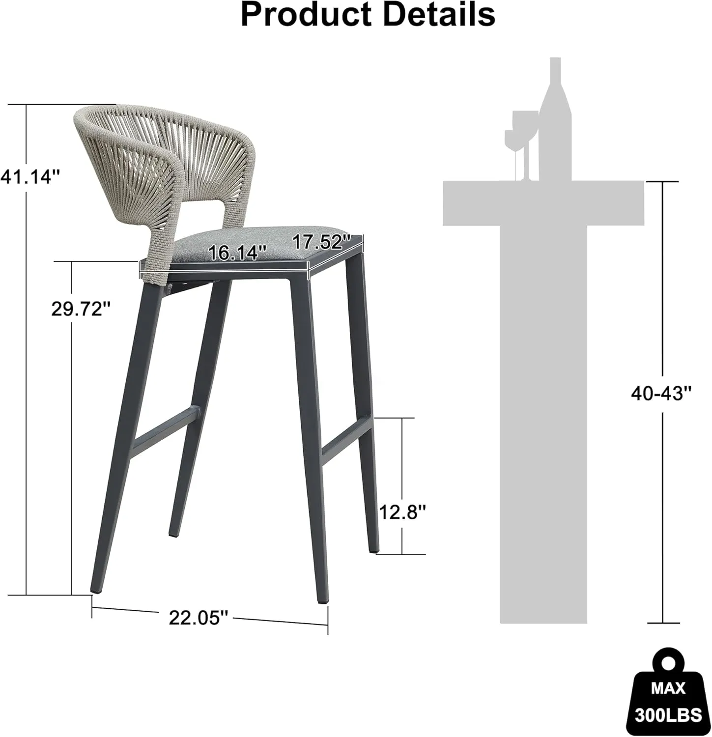 PURPLE LEAF Bar Stool Set of 2 Outdoor Bar Chairs with Footrest Bar Height Stools Hold 300 Pounds Wicker Dark Gray Barstools