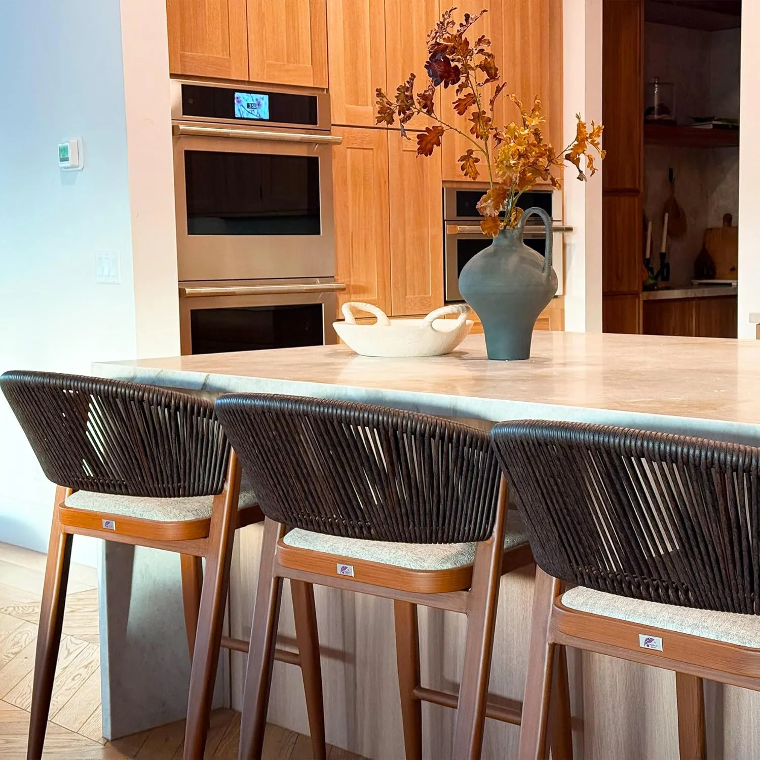 PURPLE LEAF Bar Stool Set of 2 Outdoor Bar Stool Chair with Back Aluminum Bar Height Stools Wicker Brown Barstools