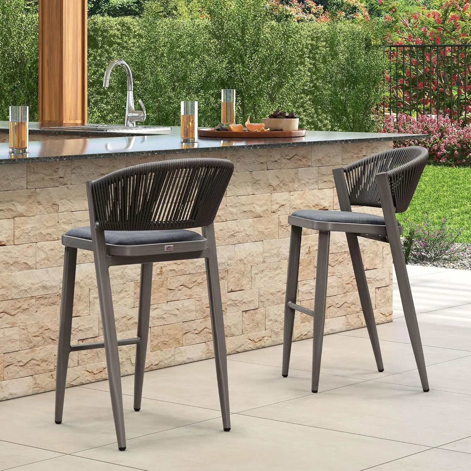 PURPLE LEAF Bar Stool Set of 2 Outdoor Rattan Bar Chair with Back Metal Bar Height Stool Wicker Barstool Grey