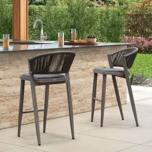 PURPLE LEAF Bar Stool Set of 2 Outdoor Rattan Bar Chair with Back Metal Bar Height Stool Wicker Barstool Grey