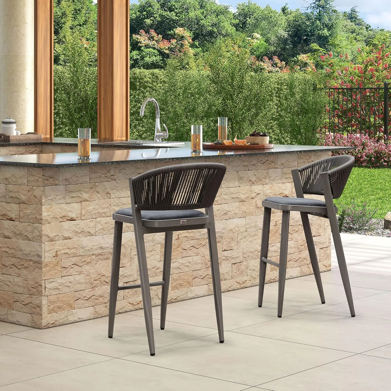PURPLE LEAF Bar Stool Set of 4 Outdoor Barstool with Back Aluminum Bar Height Stool Wicker Bar Chair Grey