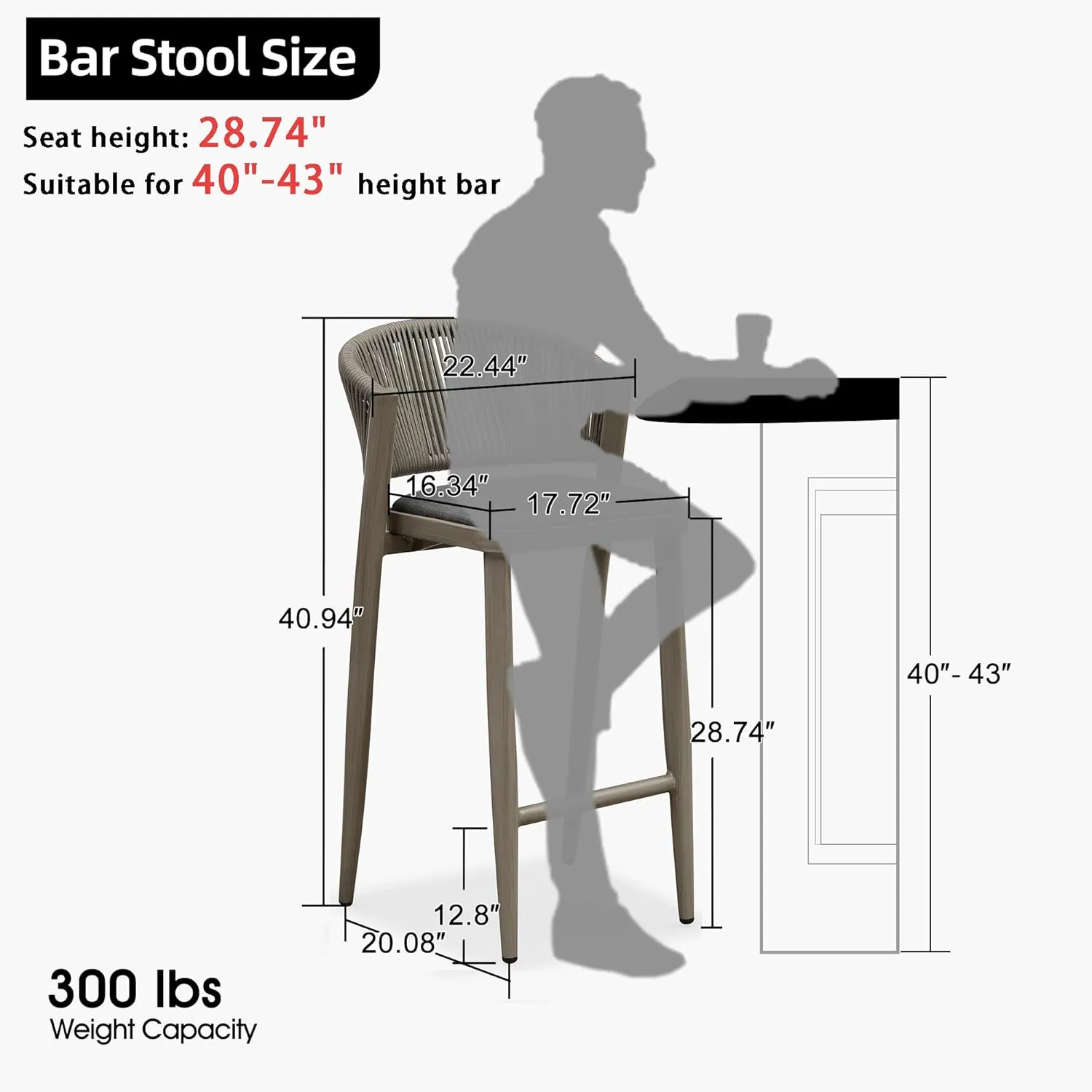 PURPLE LEAF Bar Stool Set of 4 Outdoor Barstool with Back Aluminum Bar Height Stool Wicker Bar Chair Grey