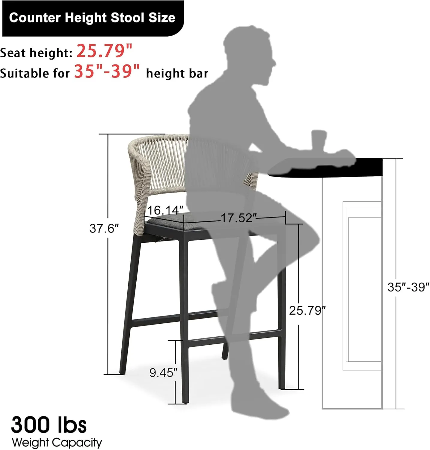 PURPLE LEAF Counter Height Bar Stool Set of 2 Modern Aluminum Rattan Wicker Outdoor Barstools with Backrest and Cushion for Kitchen Lawn Pool Bar Chairs Dark Grey