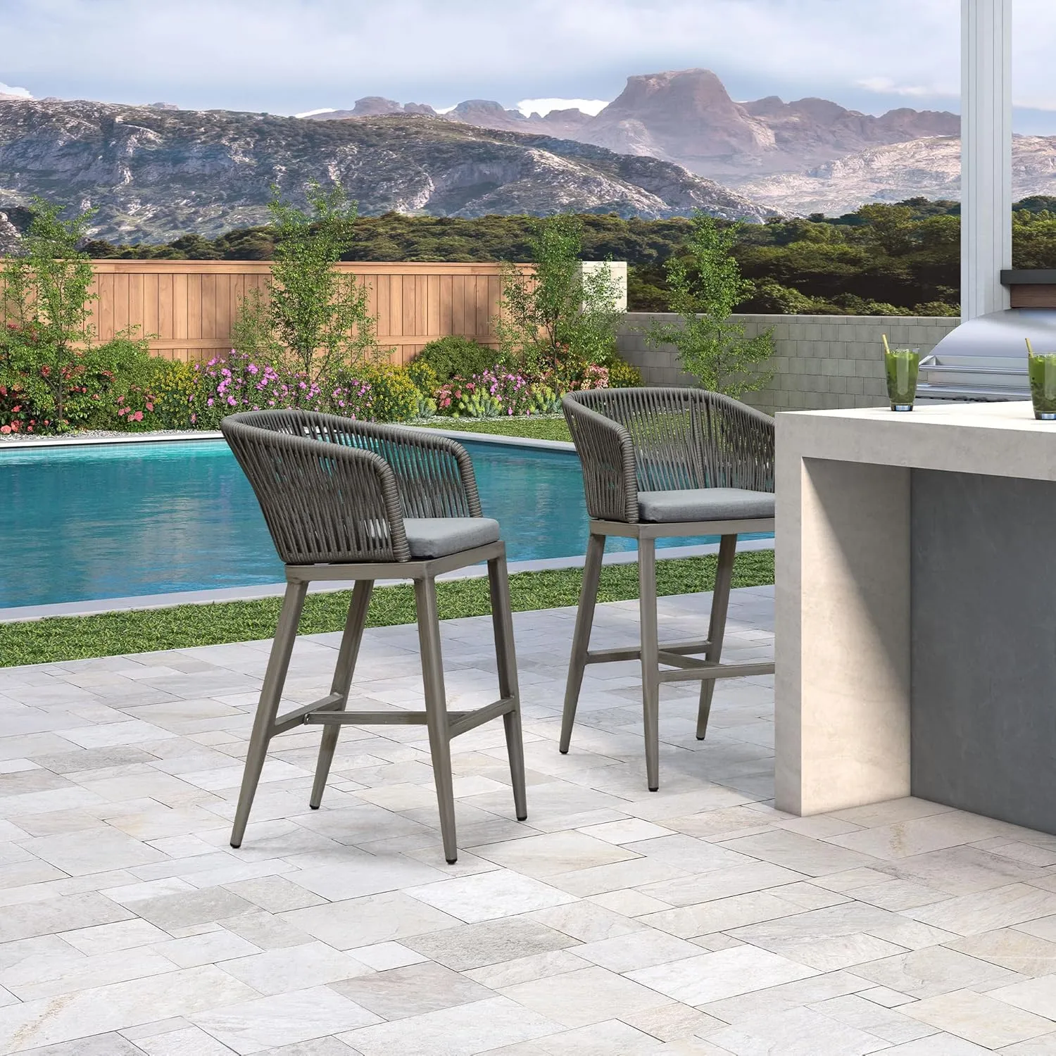 PURPLE LEAF Outdoor Bar Stool Set of 2 Rattan Wicker Patio Stool Bar Height Stool Bar Chairs Aluminum Barstool for Island Lawn Kitchen Grey