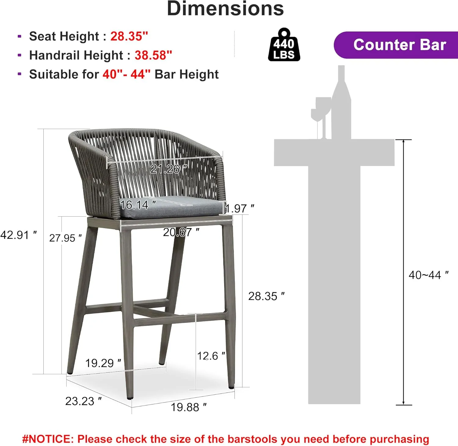 PURPLE LEAF Outdoor Bar Stool Set of 2 Rattan Wicker Patio Stool Bar Height Stool Bar Chairs Aluminum Barstool for Island Lawn Kitchen Grey