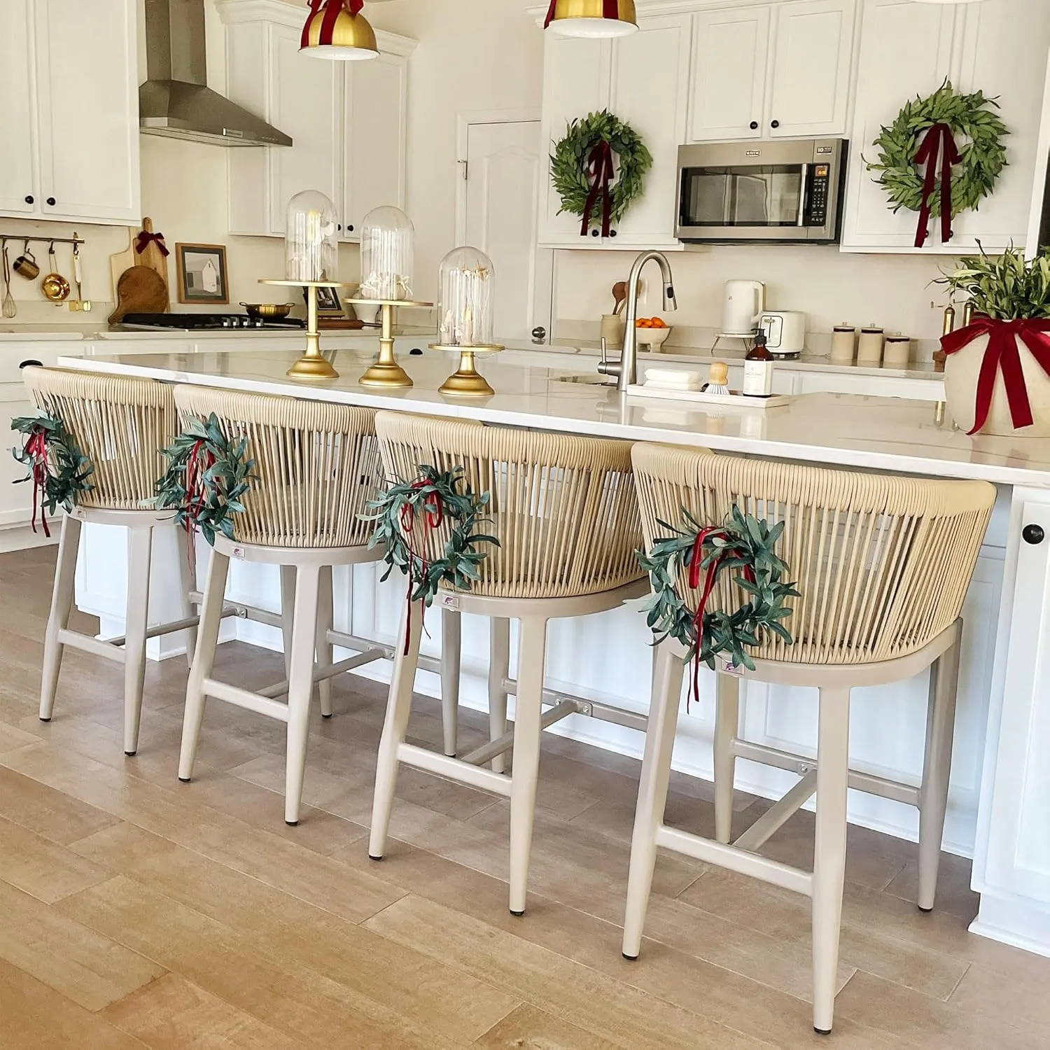 PURPLE LEAF Outdoor Bar Stools Set of 2 Wicker Bar Height Stool Bar Chairs Aluminum Barstool for Kitchen Garden Balcony Lawn Champagne