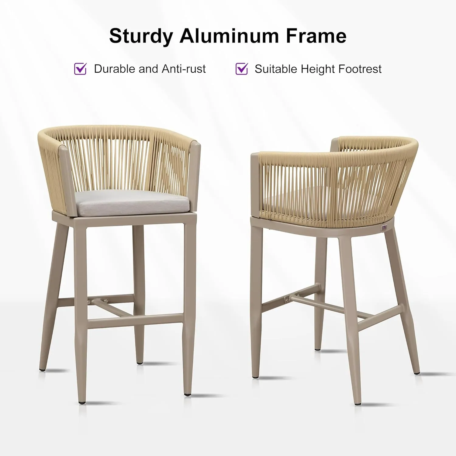 PURPLE LEAF Outdoor Bar Stools Set of 2 Wicker Bar Height Stool Bar Chairs Aluminum Barstool for Kitchen Garden Balcony Lawn Champagne