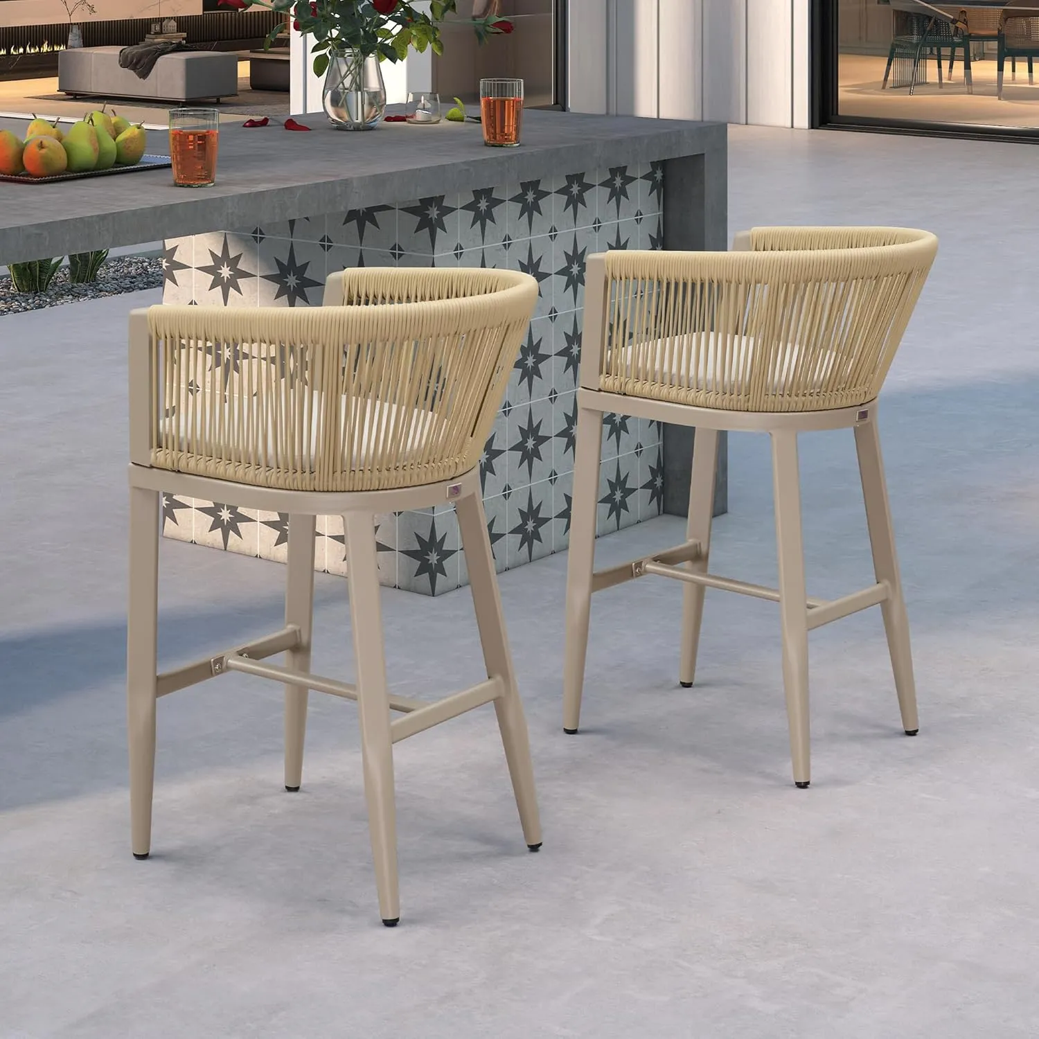 PURPLE LEAF Outdoor Bar Stools Set of 2 Wicker Bar Height Stool Bar Chairs Aluminum Barstool for Kitchen Garden Balcony Lawn Champagne