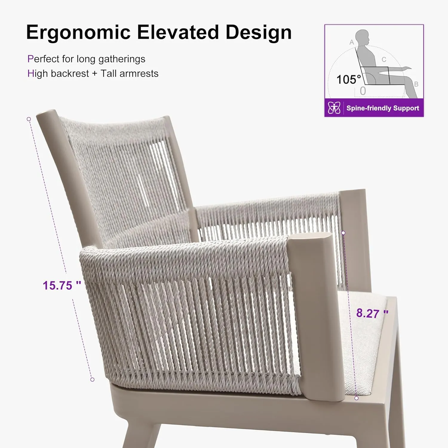 PURPLE LEAF Outdoor Counter Height Bar Stool Set of 2 Modern Bar Chairs with High Back and High Armrests Outdoor Aluminum Woven Rattan Barstools for Kitchcen Island Indoor Champagne