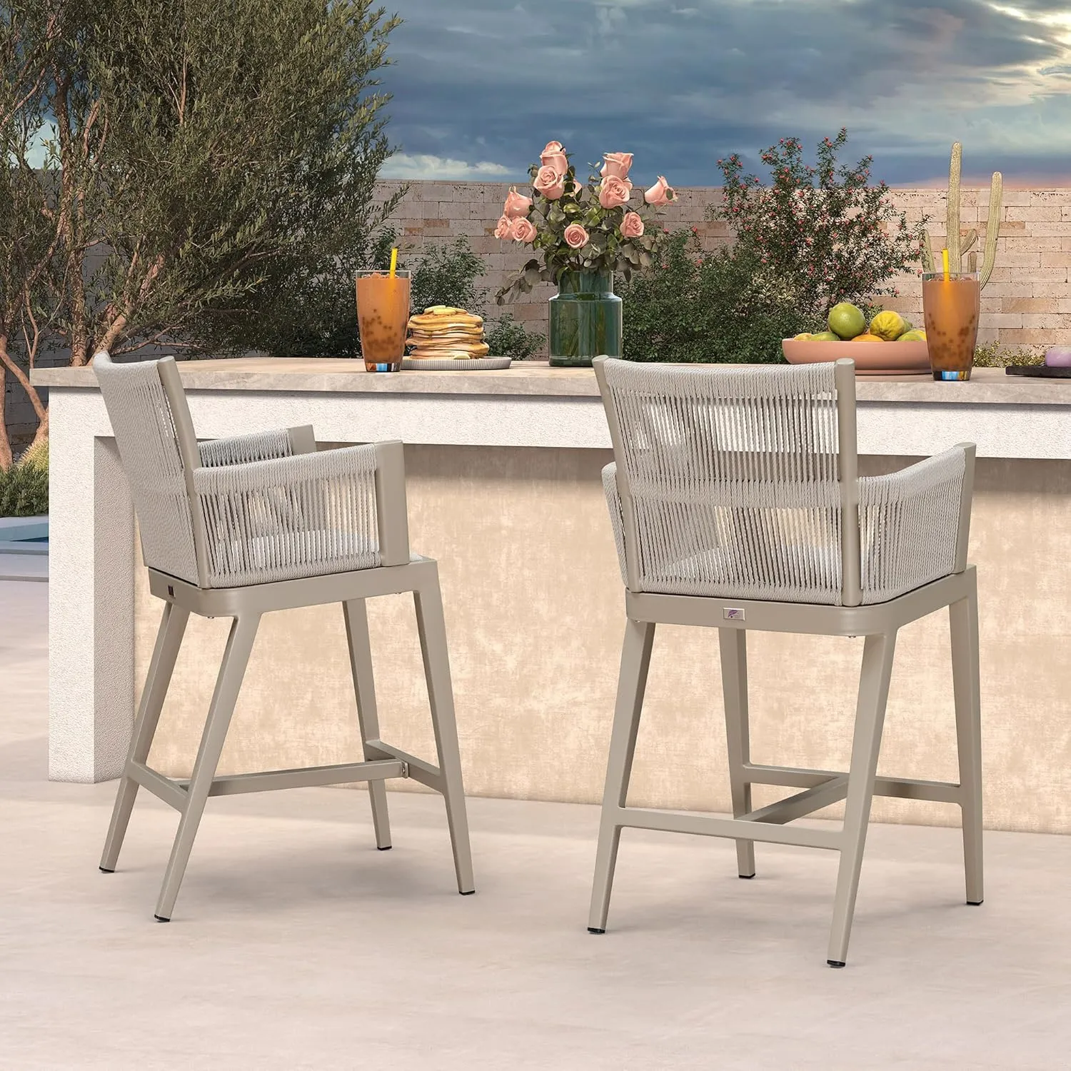 PURPLE LEAF Outdoor Counter Height Bar Stool Set of 2 Modern Bar Chairs with High Back and High Armrests Outdoor Aluminum Woven Rattan Barstools for Kitchcen Island Indoor Champagne