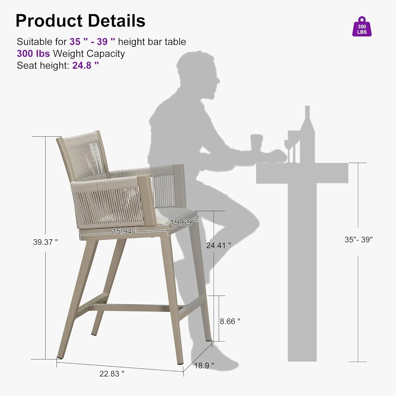 PURPLE LEAF Outdoor Counter Height Bar Stool Set of 2 Modern Bar Chairs with High Back and High Armrests Outdoor Aluminum Woven Rattan Barstools for Kitchcen Island Indoor Champagne