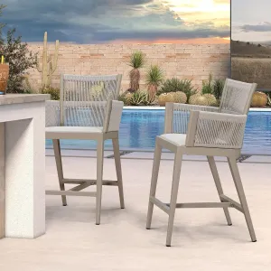 PURPLE LEAF Outdoor Counter Height Bar Stool Set of 2 Modern Bar Chairs with High Back and High Armrests Outdoor Aluminum Woven Rattan Barstools for Kitchcen Island Indoor Champagne