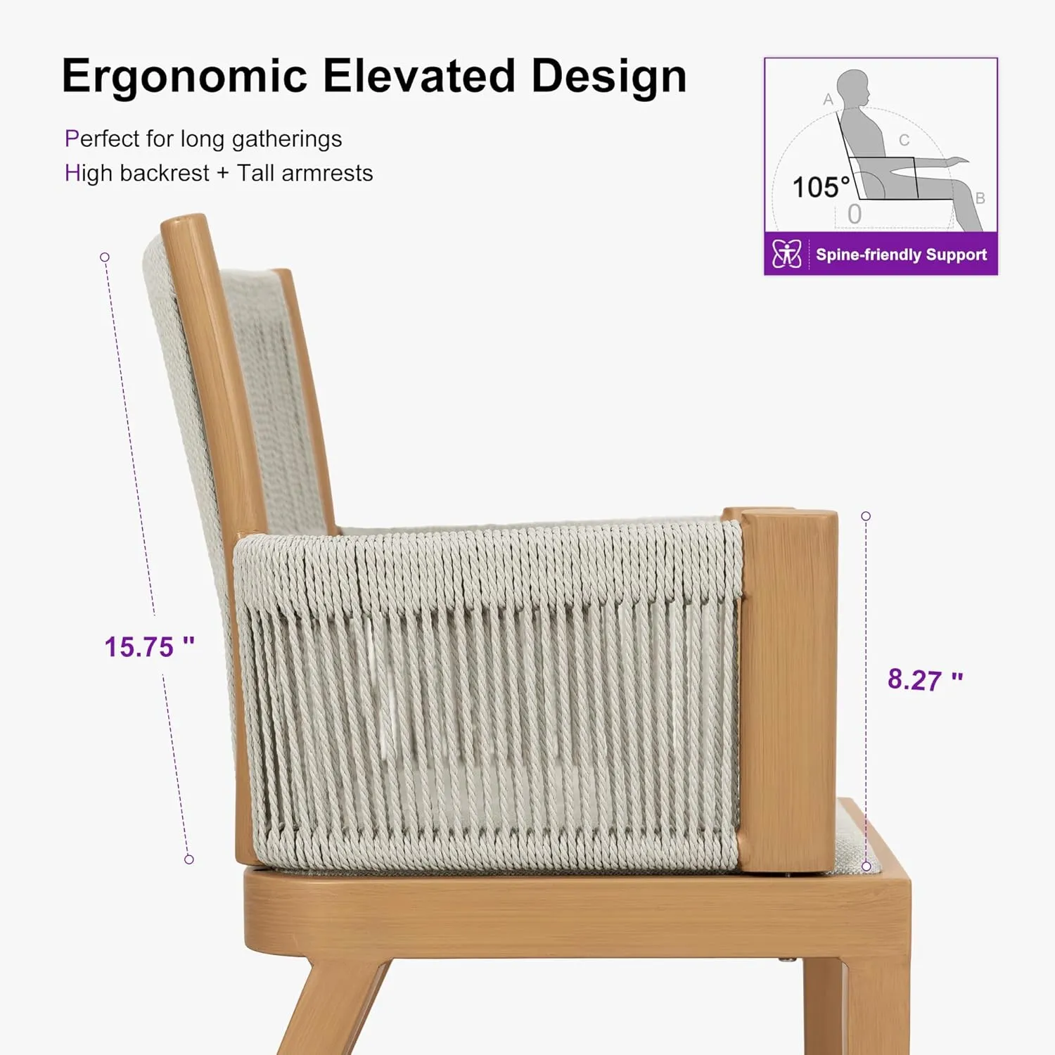 PURPLE LEAF Outdoor Counter Height Bar Stool Set of 2 Modern Bar Chairs with High Back and High Armrests Outdoor Aluminum Woven Rattan Barstools for Kitchcen Island Indoor Teak