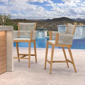 PURPLE LEAF Outdoor Counter Height Bar Stool Set of 2 Modern Bar Chairs with High Back and High Armrests Outdoor Aluminum Woven Rattan Barstools for Kitchcen Island Indoor Teak