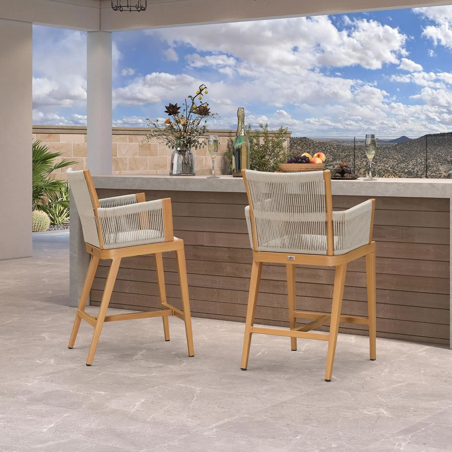 PURPLE LEAF Outdoor Counter Height Bar Stool Set of 2 Modern Bar Chairs with High Back and High Armrests Outdoor Aluminum Woven Rattan Barstools for Kitchcen Island Indoor Teak