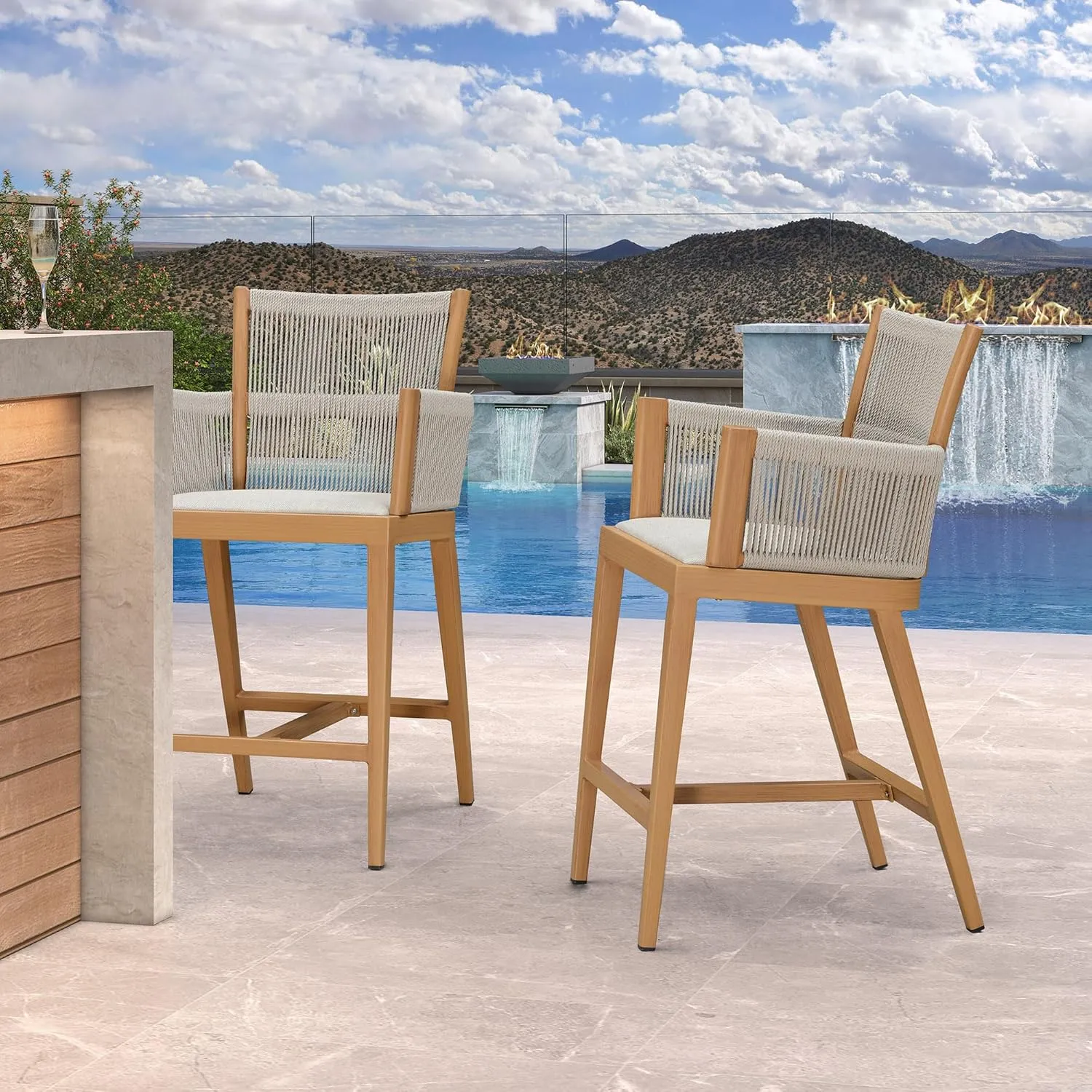 PURPLE LEAF Outdoor Counter Height Bar Stool Set of 2 Modern Bar Chairs with High Back and High Armrests Outdoor Aluminum Woven Rattan Barstools for Kitchcen Island Indoor Teak