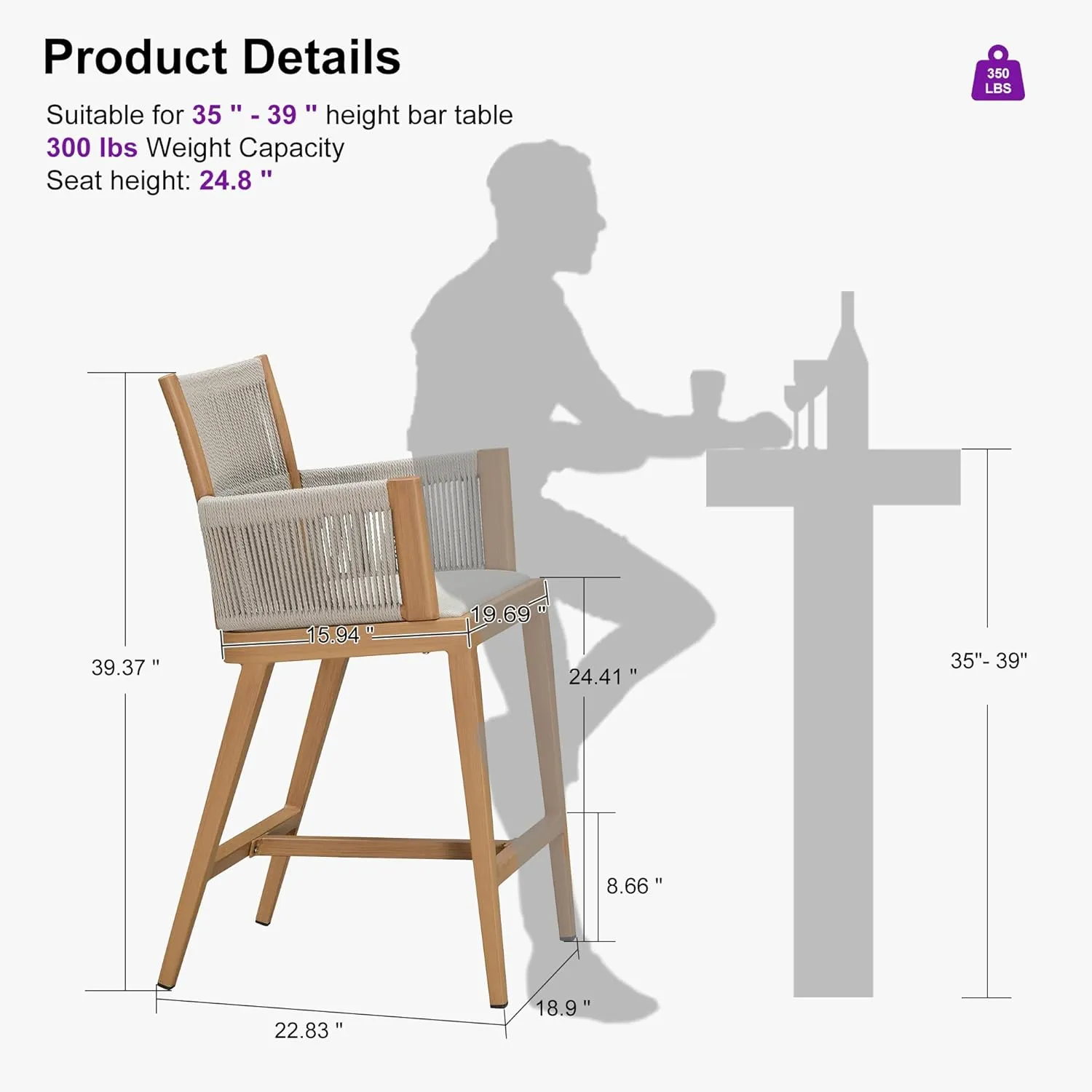 PURPLE LEAF Outdoor Counter Height Bar Stool Set of 2 Modern Bar Chairs with High Back and High Armrests Outdoor Aluminum Woven Rattan Barstools for Kitchcen Island Indoor Teak