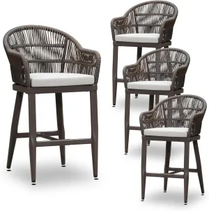 PURPLE LEAF Outdoor Counter Height Bar Stools Set of 4 Patio Metal Modern Wicker Rattan Bar Chairs Woven Aluminum Barstools with Back and Cushions for Balcony Garden Indoor Kitchen Outside Coffee