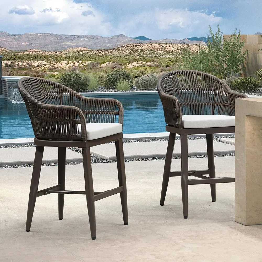 PURPLE LEAF Outdoor Counter Height Bar Stools Set of 4 Patio Metal Modern Wicker Rattan Bar Chairs Woven Aluminum Barstools with Back and Cushions for Balcony Garden Indoor Kitchen Outside Coffee