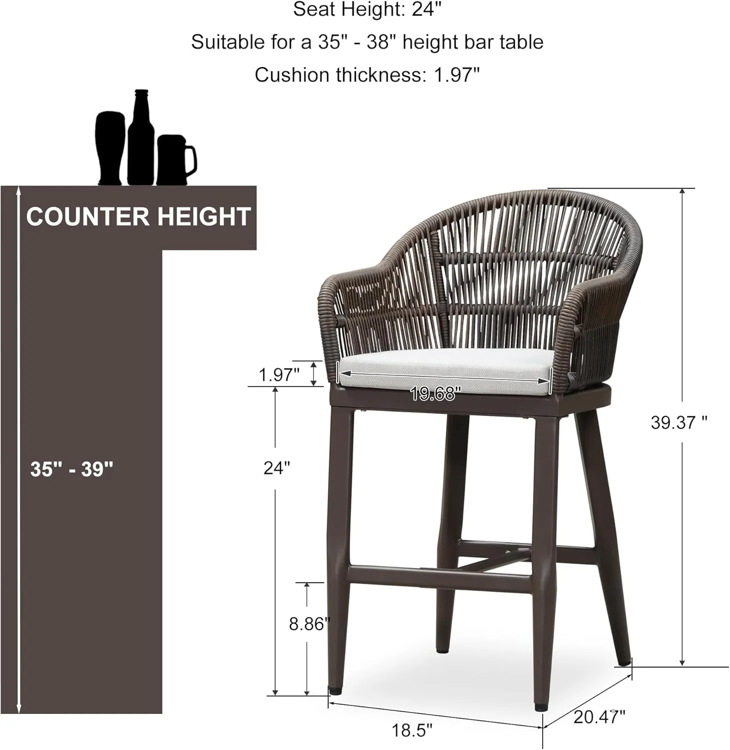 PURPLE LEAF Outdoor Counter Height Bar Stools Set of 4 Patio Metal Modern Wicker Rattan Bar Chairs Woven Aluminum Barstools with Back and Cushions for Balcony Garden Indoor Kitchen Outside Coffee
