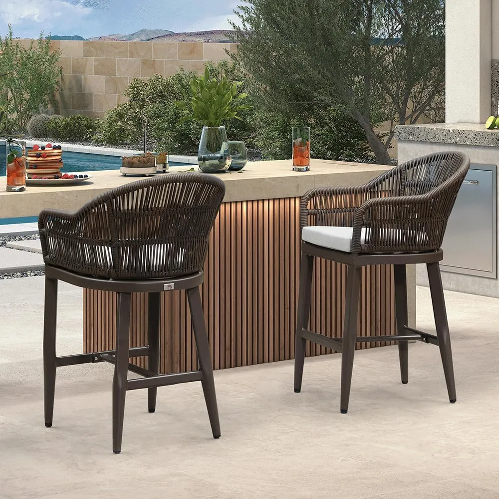 PURPLE LEAF Outdoor Counter Height Bar Stools Set of 4 Patio Metal Modern Wicker Rattan Bar Chairs Woven Aluminum Barstools with Back and Cushions for Balcony Garden Indoor Kitchen Outside Coffee