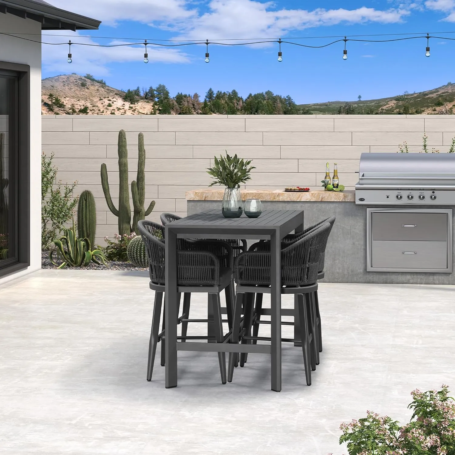 PURPLE LEAF Outdoor Counter Height Bar Stools Set of 4 Patio Metal Modern Wicker Rattan Bar Chairs Woven Aluminum Barstools with Back and Cushions for Balcony Garden Indoor Kitchen Outside Gray