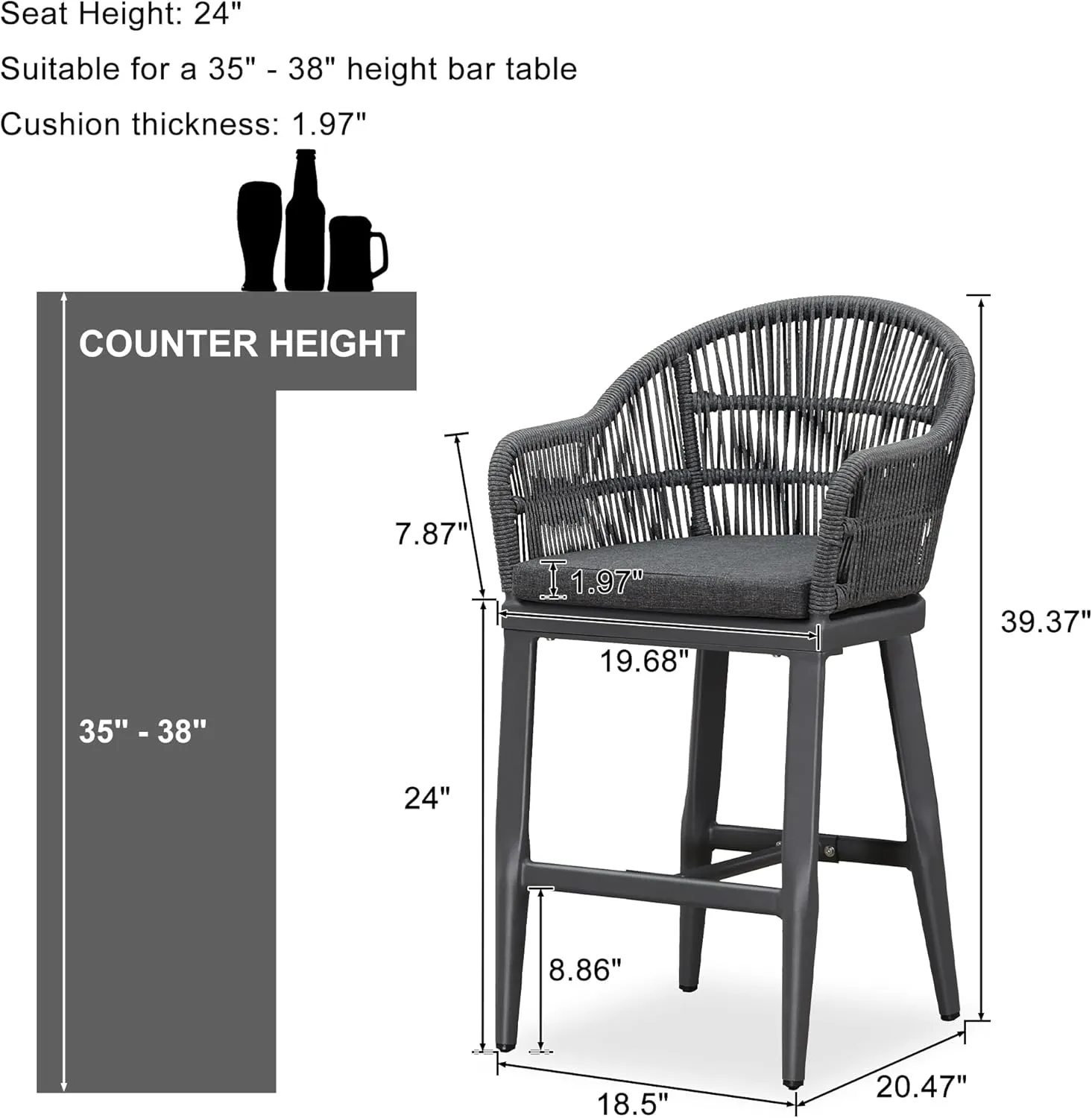 PURPLE LEAF Outdoor Counter Height Bar Stools Set of 4 Patio Metal Modern Wicker Rattan Bar Chairs Woven Aluminum Barstools with Back and Cushions for Balcony Garden Indoor Kitchen Outside Gray