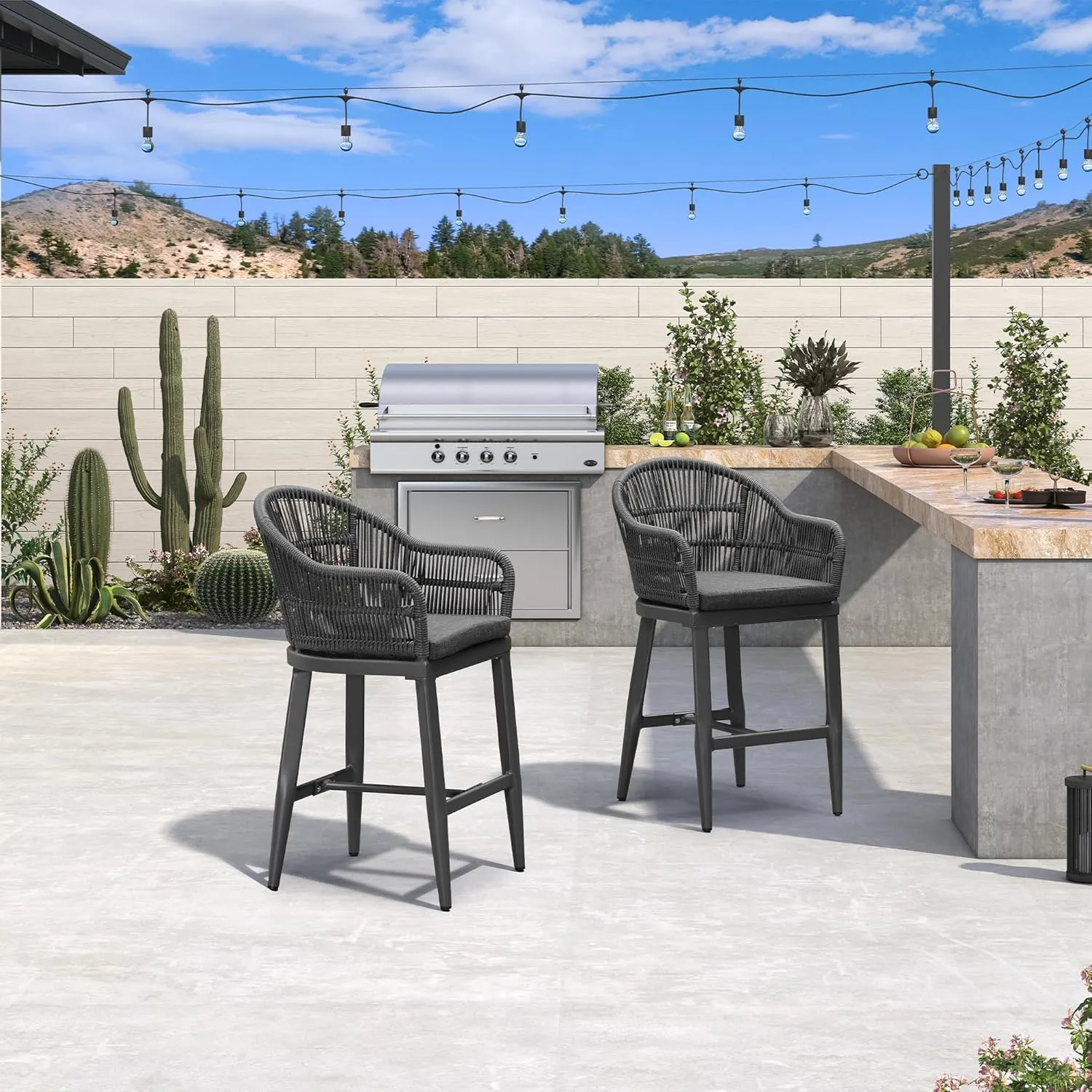 PURPLE LEAF Outdoor Counter Height Bar Stools Set of 4 Patio Metal Modern Wicker Rattan Bar Chairs Woven Aluminum Barstools with Back and Cushions for Balcony Garden Indoor Kitchen Outside Gray