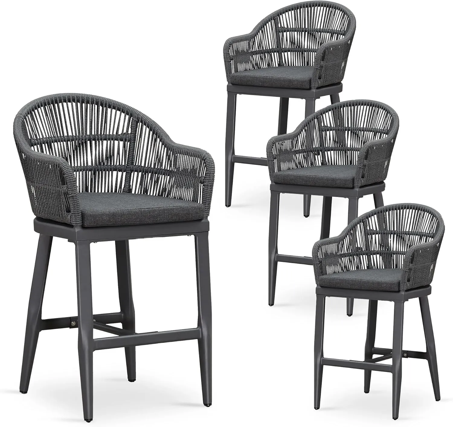 PURPLE LEAF Outdoor Counter Height Bar Stools Set of 4 Patio Metal Modern Wicker Rattan Bar Chairs Woven Aluminum Barstools with Back and Cushions for Balcony Garden Indoor Kitchen Outside Gray