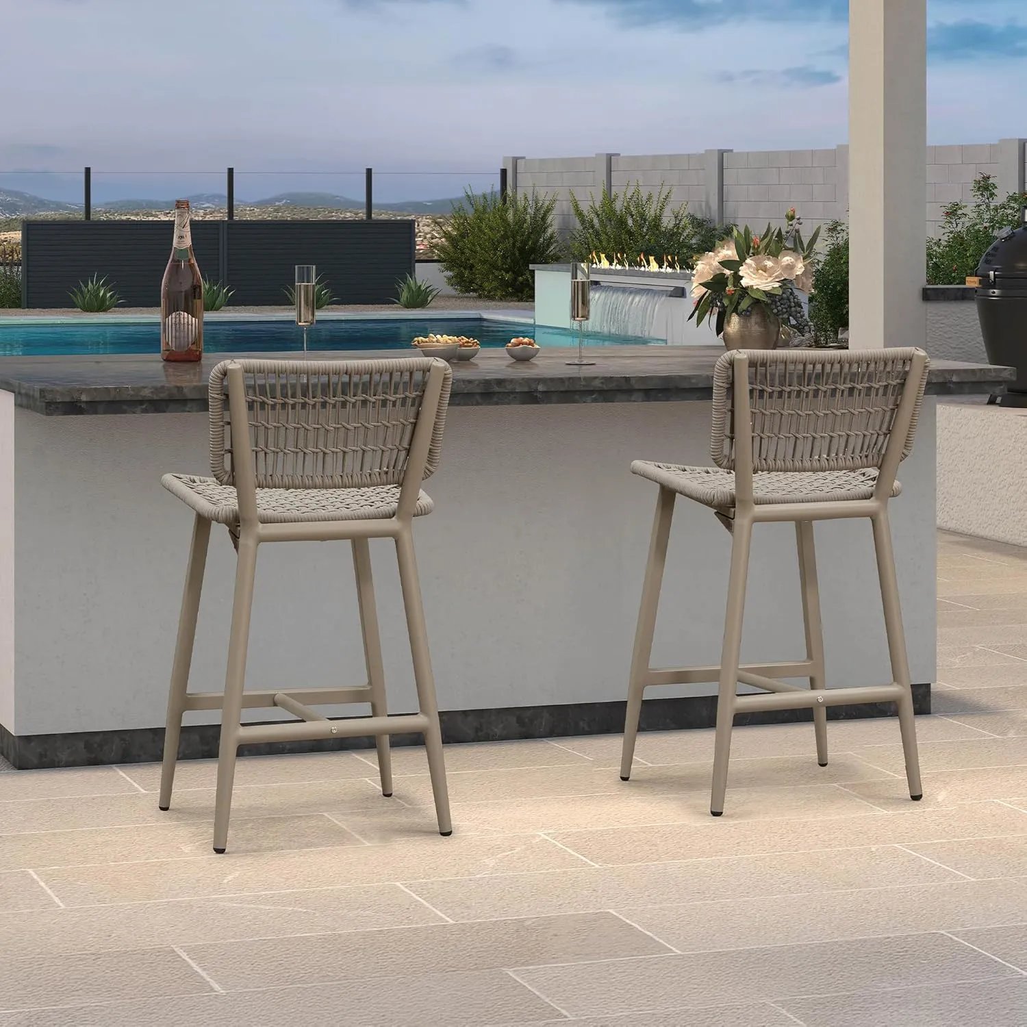 PURPLE LEAF Patio Counter Height Bar Stools Set of 2 Metal Bar Chairs with Back Wicker Woven Stools for Kitchen Island Pool Garden Outdoor Barstools Champagne