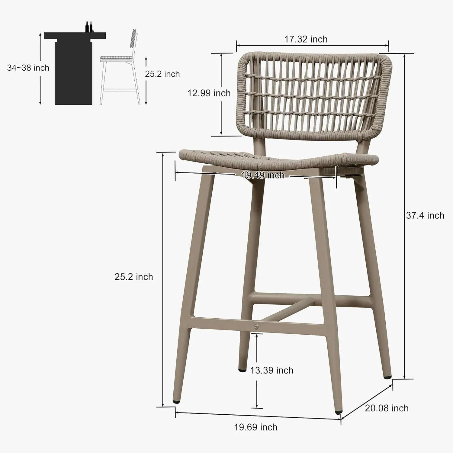 PURPLE LEAF Patio Counter Height Bar Stools Set of 2 Metal Bar Chairs with Back Wicker Woven Stools for Kitchen Island Pool Garden Outdoor Barstools Champagne