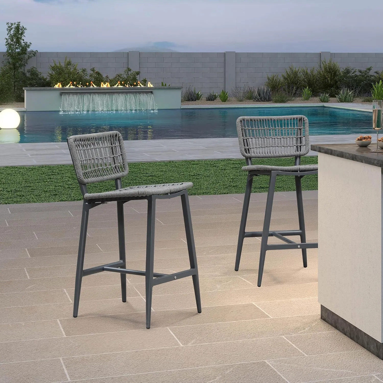 PURPLE LEAF Patio Counter Height Bar Stools Set of 2 Metal Bar Chairs with Back Wicker Woven Stools for Kitchen Island Pool Garden Outdoor Barstools Dark Grey