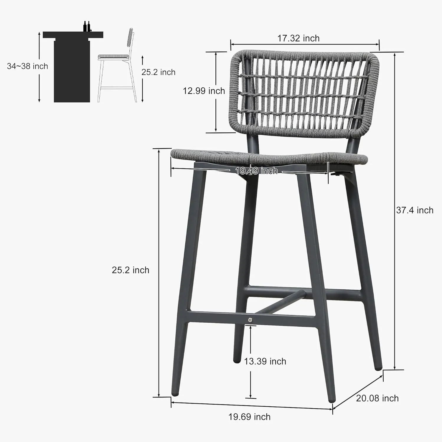 PURPLE LEAF Patio Counter Height Bar Stools Set of 2 Metal Bar Chairs with Back Wicker Woven Stools for Kitchen Island Pool Garden Outdoor Barstools Dark Grey