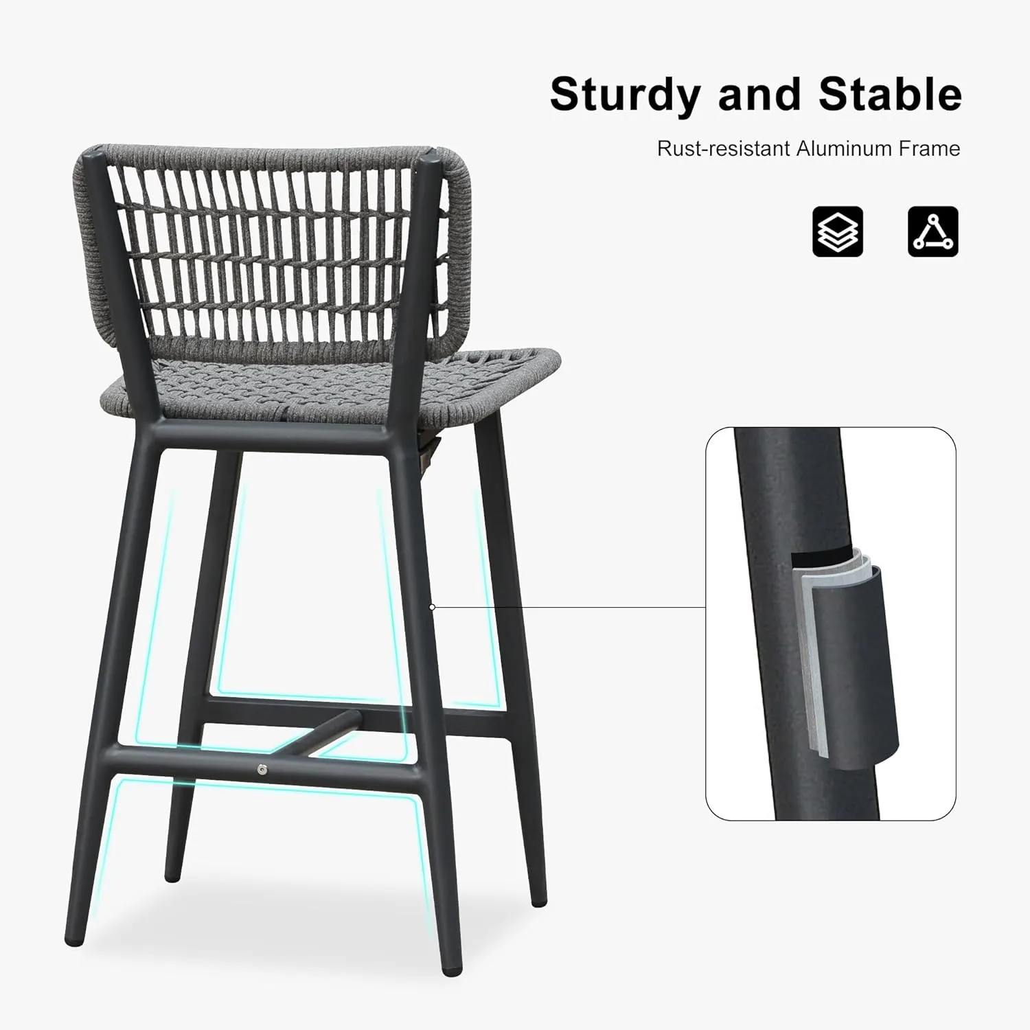 PURPLE LEAF Patio Counter Height Bar Stools Set of 2 Metal Bar Chairs with Back Wicker Woven Stools for Kitchen Island Pool Garden Outdoor Barstools Dark Grey