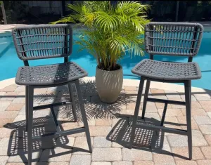 PURPLE LEAF Patio Counter Height Bar Stools Set of 2 Metal Bar Chairs with Back Wicker Woven Stools for Kitchen Island Pool Garden Outdoor Barstools Dark Grey