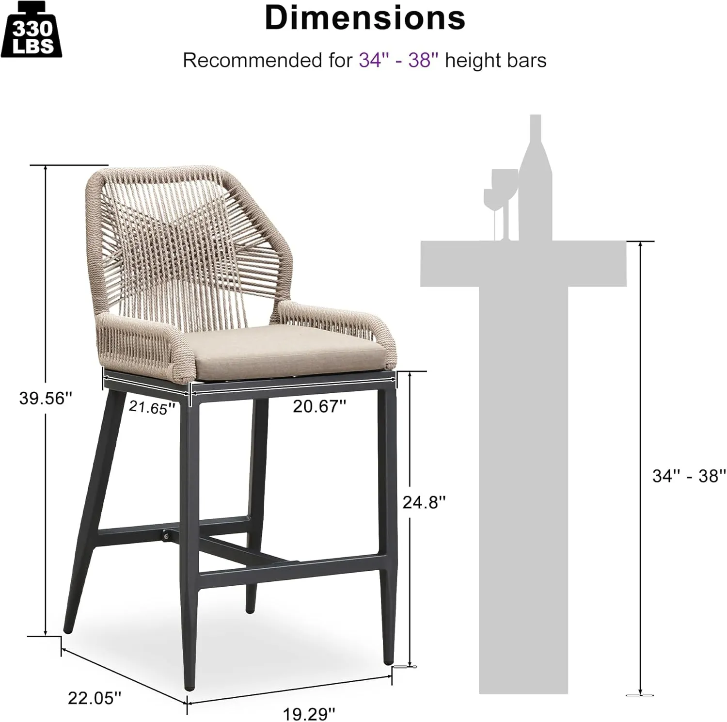PURPLE LEAF Patio Sunbrella Counter Height Bar Stools 24" H Set of 2 Modern Rattan Bar Chairs Aluminum Stool Outdoor Wicker Barstools with Back and Cushion for Garden Kitchen Island