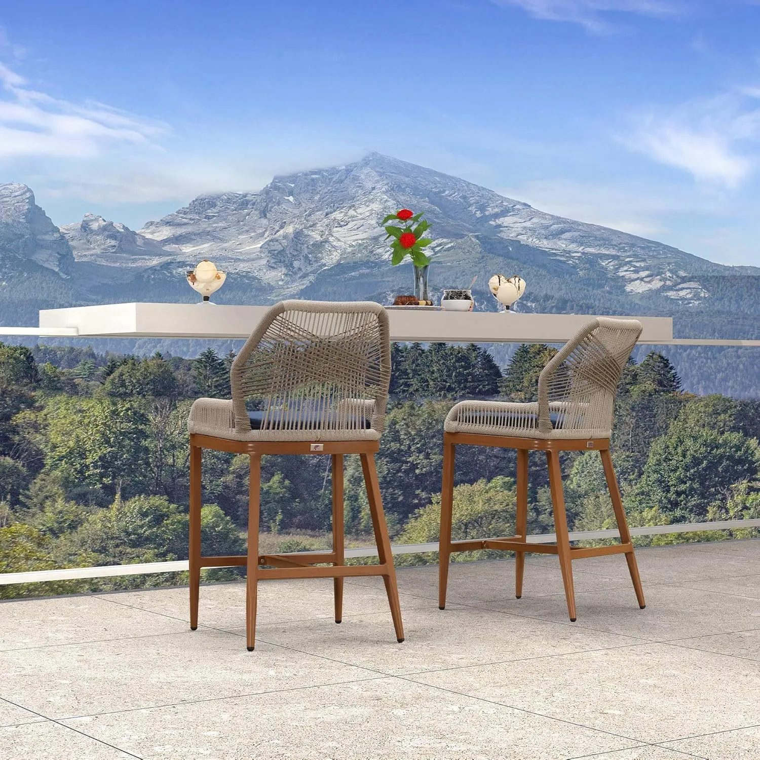PURPLE LEAF Patio Sunbrella Counter Height Bar Stools 24" H Set of 2 Modern Rattan Bar Chairs Aluminum Stool Outdoor Wicker Barstools with Back and Cushion for Garden Kitchen Island