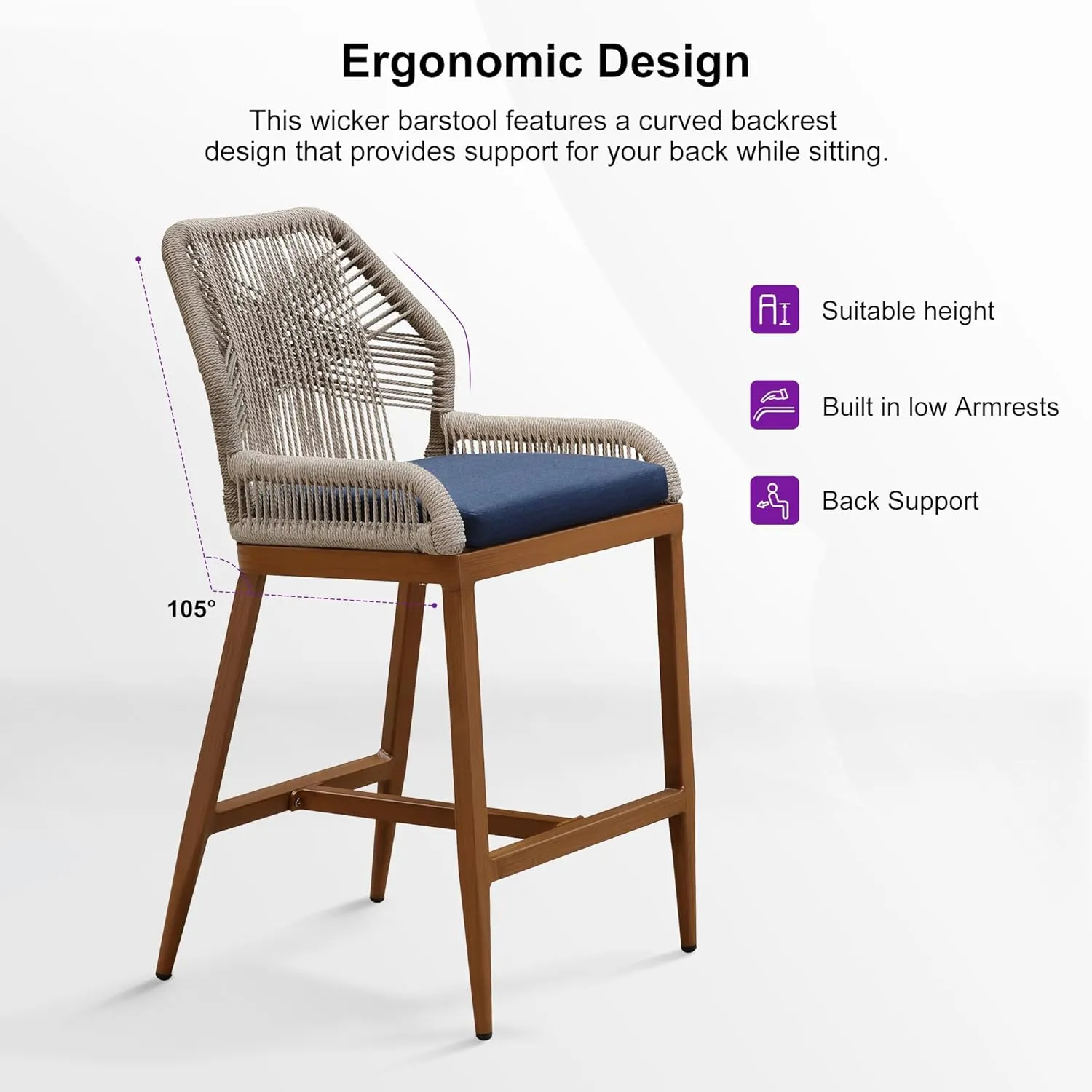 PURPLE LEAF Patio Sunbrella Counter Height Bar Stools 24" H Set of 2 Modern Rattan Bar Chairs Aluminum Stool Outdoor Wicker Barstools with Back and Cushion for Garden Kitchen Island