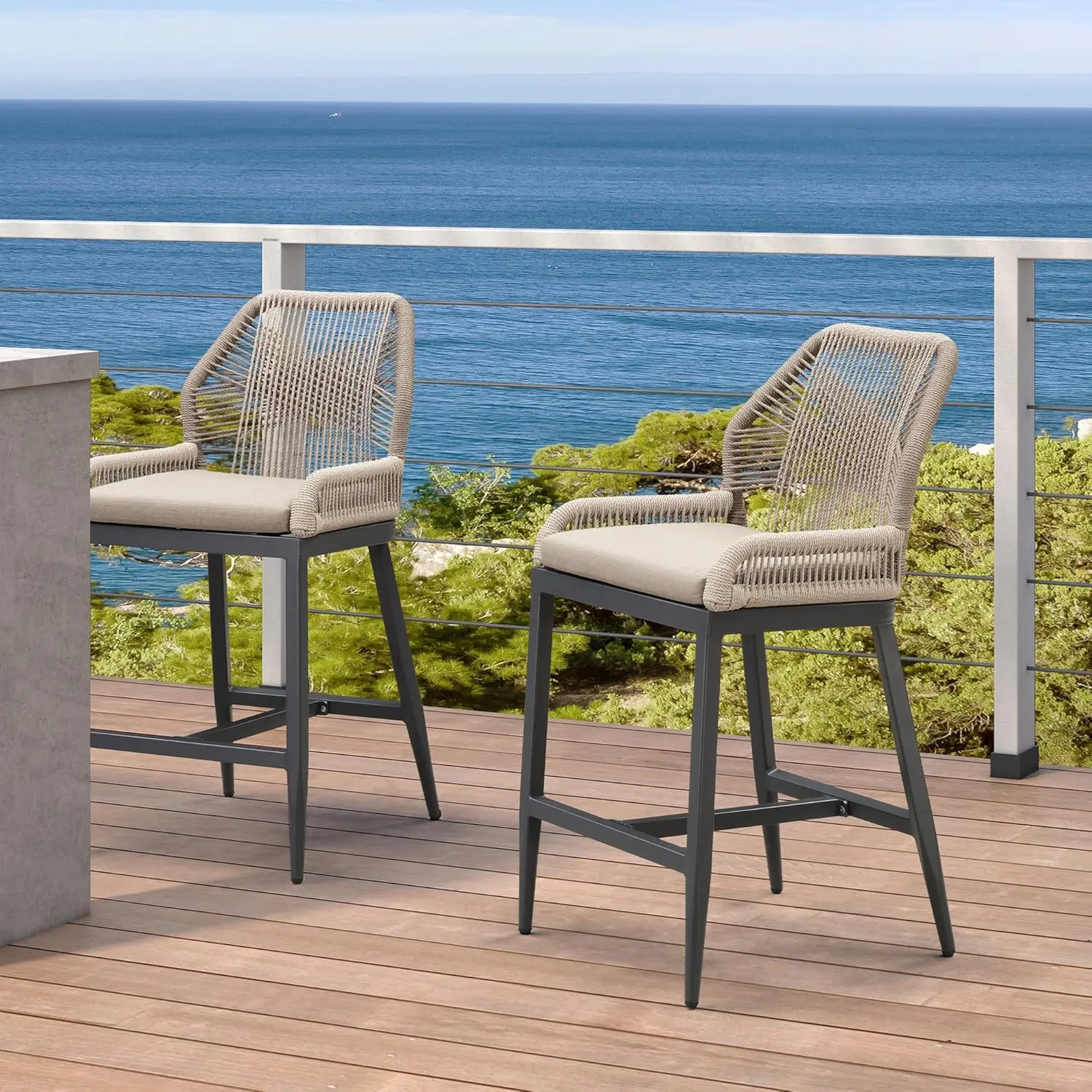 PURPLE LEAF Patio Sunbrella Counter Height Bar Stools 24" H Set of 2 Modern Rattan Bar Chairs Aluminum Stool Outdoor Wicker Barstools with Back and Cushion for Garden Kitchen Island
