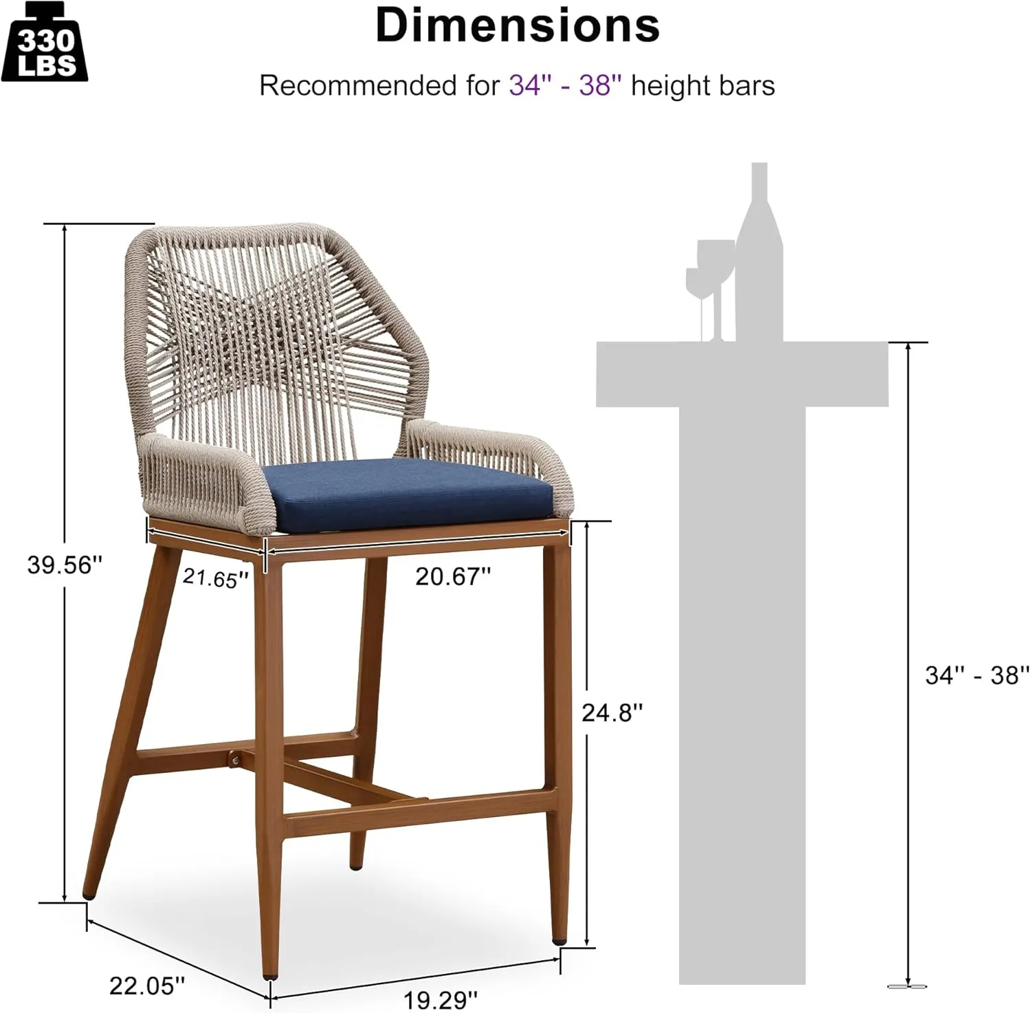 PURPLE LEAF Patio Sunbrella Counter Height Bar Stools 24" H Set of 2 Modern Rattan Bar Chairs Aluminum Stool Outdoor Wicker Barstools with Back and Cushion for Garden Kitchen Island