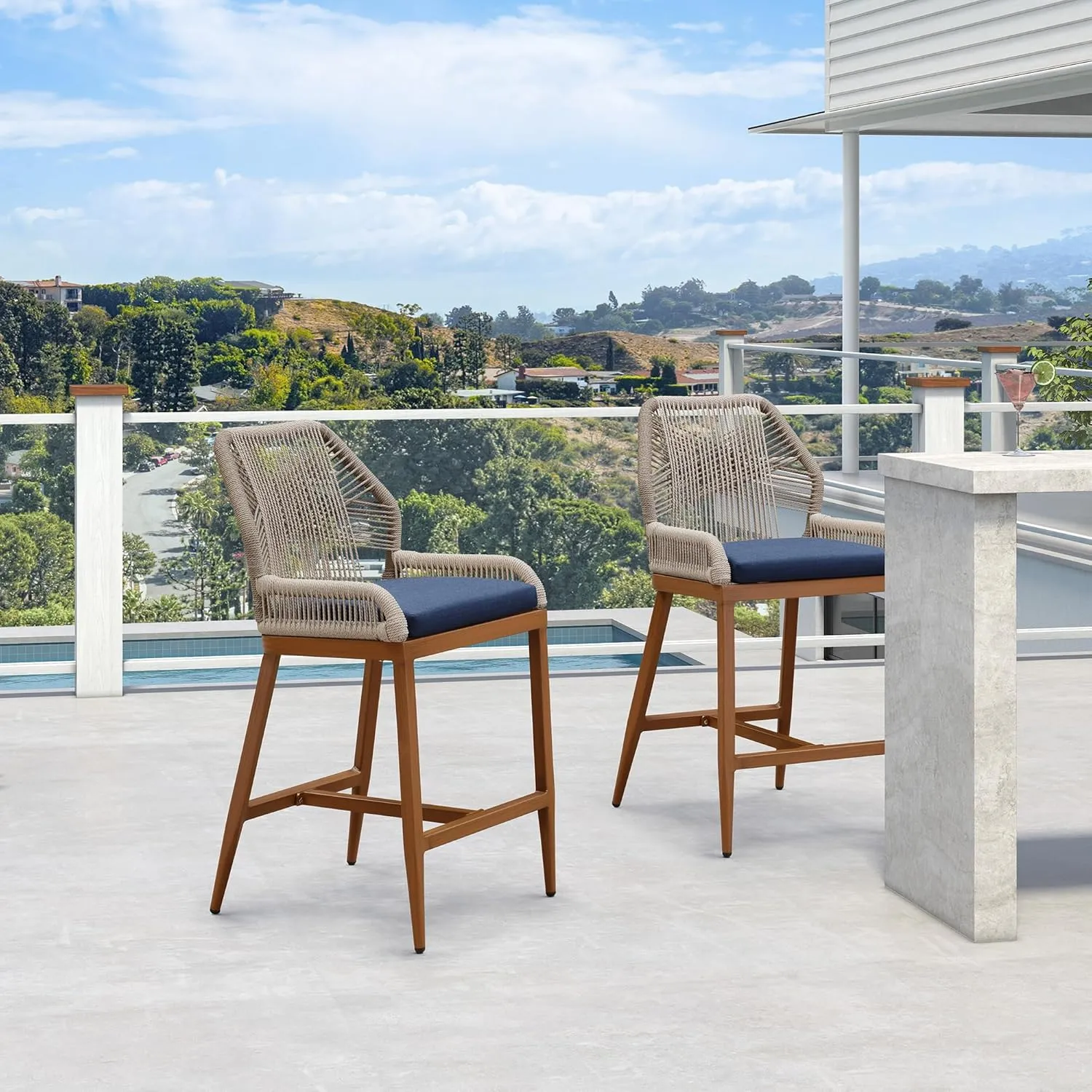 PURPLE LEAF Patio Sunbrella Counter Height Bar Stools 24" H Set of 2 Modern Rattan Bar Chairs Aluminum Stool Outdoor Wicker Barstools with Back and Cushion for Garden Kitchen Island