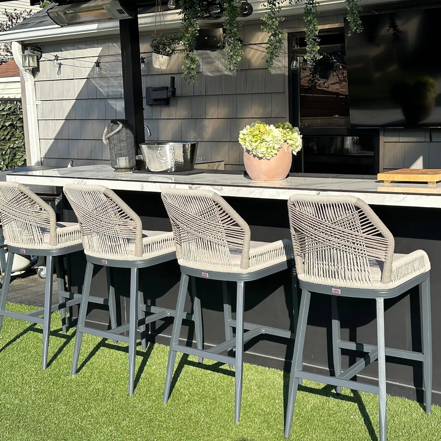 PURPLE LEAF Patio Sunbrella Counter Height Bar Stools 24" H Set of 2 Modern Rattan Bar Chairs Aluminum Stool Outdoor Wicker Barstools with Back and Cushion for Garden Kitchen Island