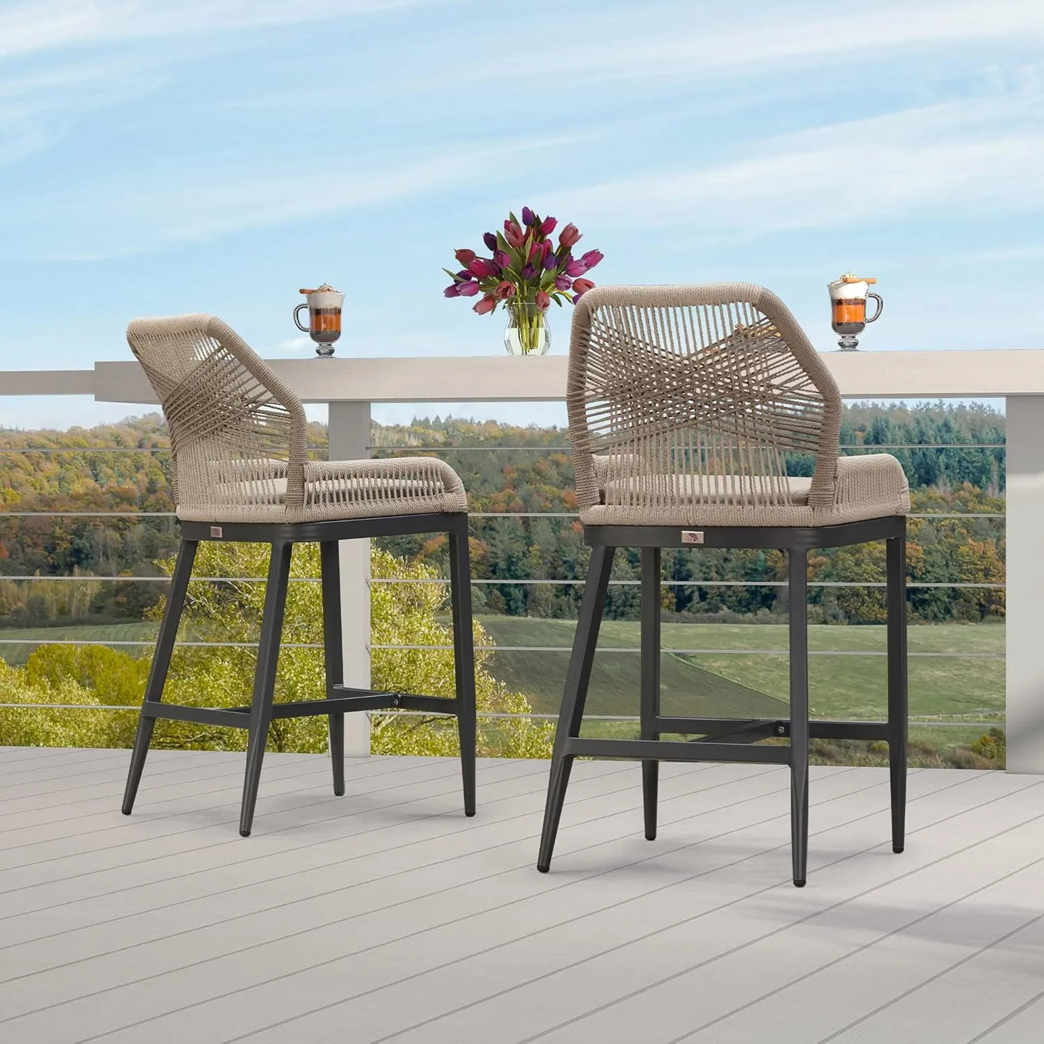 PURPLE LEAF Patio Sunbrella Counter Height Bar Stools 24" H Set of 2 Modern Rattan Bar Chairs Aluminum Stool Outdoor Wicker Barstools with Back and Cushion for Garden Kitchen Island